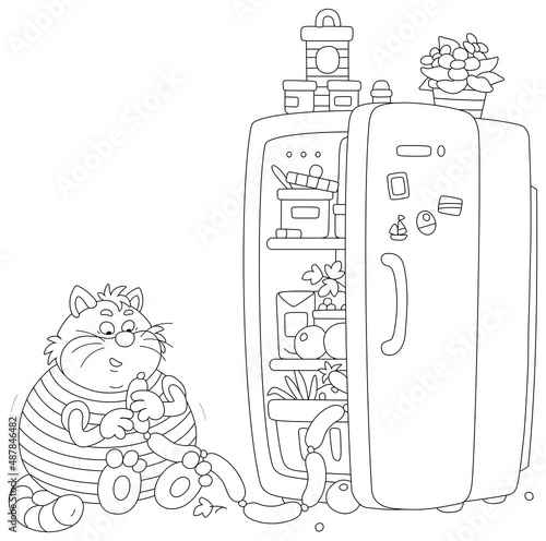 Funny fat cat glutton filching tasty sausages from a home fridge with foods, black and white outline vector cartoon illustration for a coloring book page