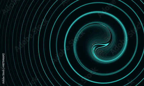 Neon aqua blue spiral with fluid ripples over dark background. Digital 3d representation of music rhythm, audio sound, cyber vibration. Great as wallpaper, cover print for electronics, design element.