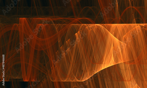 Dynamic digital 3d veil in creative fluid composition in golden orange on dark. Elegant festive wallpaper or artwork with dancing shimmering stripes, strokes and curves. Great as cover print poster.
