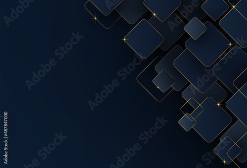 Abstract luxury dark blue square shapes pattern background with glitter golden lines. Modern overlap geometric shapes design with shadow. Luxury and elegant concept. Vector illustration