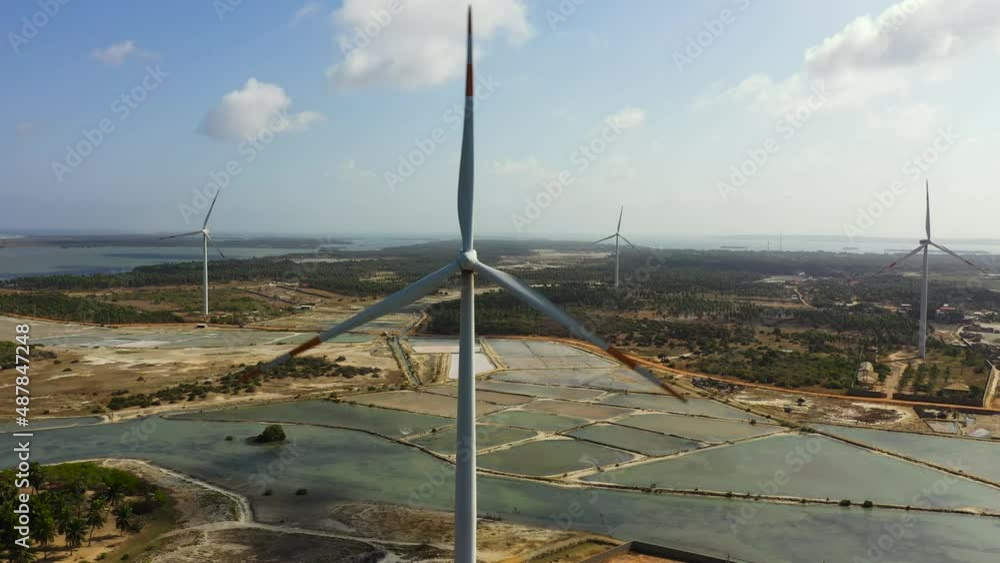 Top view of wind generators turbines and wind farm mills. Wind power
