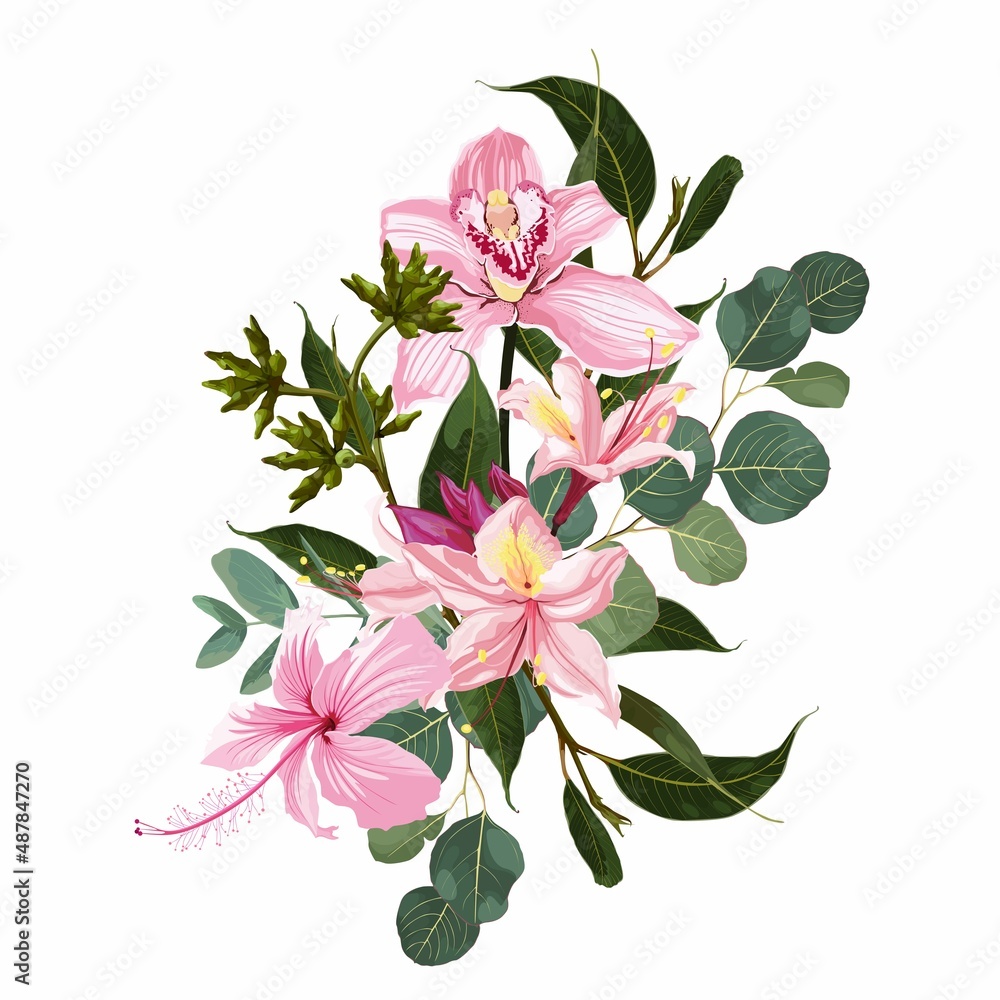 Hand drawn illustration of a beautiful pink tropical flowers , eucaliptus branch bouquet. Element for wedding invitation, Valentine or others.
