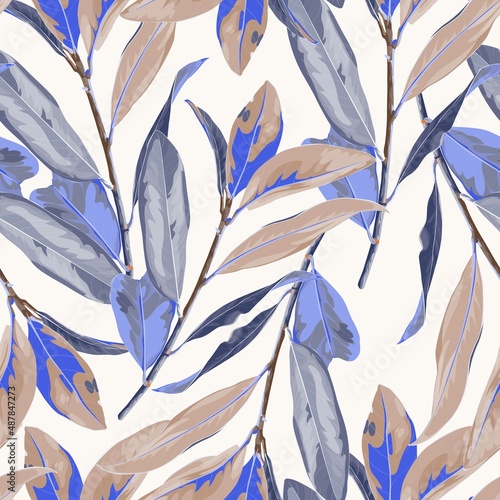 Floral seamless pattern, abstract violet magnolia plant branches with leaves on white. 