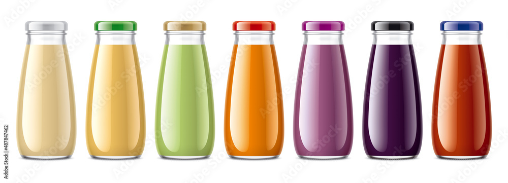 Set of Glass Bottles with non-transparent Juices. 3d rendering Set of Glass Bottles with non-transparent Juices. 3d rendering