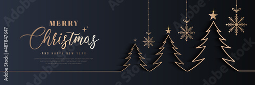 Merry christmas and happy new year banner. Dark horizontal template creative design with luxury golden line christmas tree, snowflake decoration, stars. Suit for poster, flyer, cover, banner, brochure