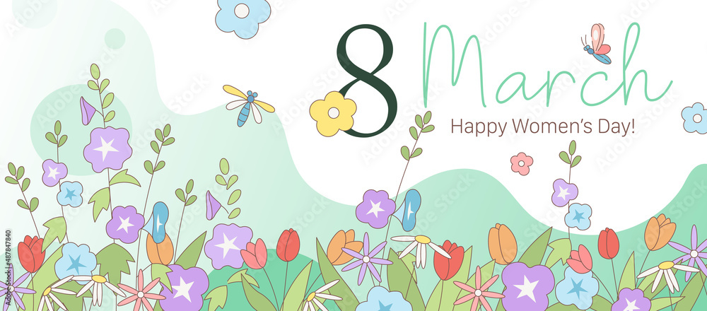 Floral Cute Banner for the Women's Day.  Spring March 8 Card with the decor of flowers. Natural background with 8 and flowers in cartoon cute springtime style. Vector.