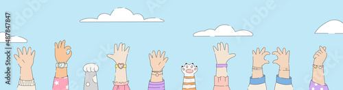 Cute cartoon hands of people and animals are raised up to the sky. Vector horizontal illustration.