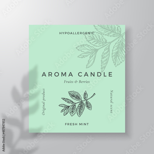 Aroma candle vector label template. Mint leaves scent from local purveyors advert design. Ink style sketch background layout decor Natural smell product package text space