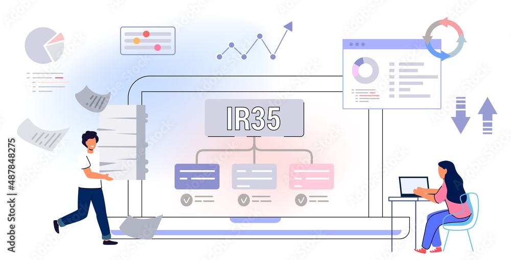 IR35 Intermediaries legislation business tax concept United Kingdom vector illustration Provide services to clients through intermediary Finance concept Combat tax evasion by employees and companies