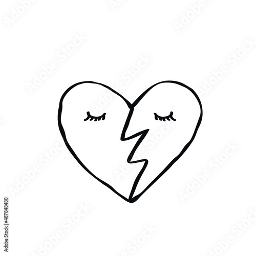 Broken heart icon logo sign Sorrow eyes emblem Face drawn ink sketch Unhappy love Sad design Cartoon children's style Fashion print clothes apparel greeting invitation card cover flyer poster banner