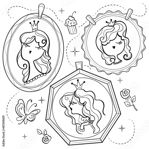 A set of vector fabulous black and white doodle illustrations portraits of Princesses in miniatures, medallions on a beautiful background that can be used as separate sets, isolates, coloring pages