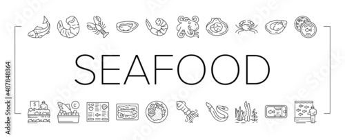 Seafood Cooked Food Dish Menu Icons Set Vector .