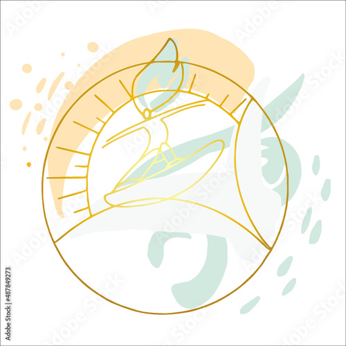 Golden linear abstract illustration summer hand drawing, surfer on waves, ocean, sun, line logo.