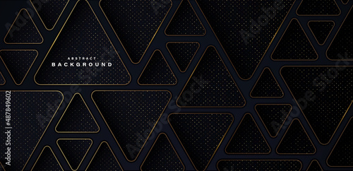 Abstract dark blue dimension background with glitter golden lines. Triangles with rounded corners. Texture with golden glitters dots element decoration. Luxury and elegant style graphic with shadow