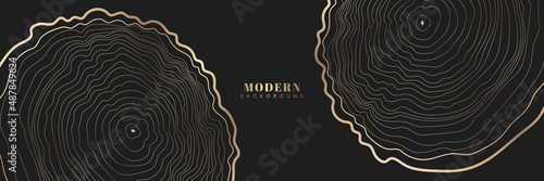 Abstract dark horizontal background with golden tree rings pattern. Modern simple wood rings texture creative design. Luxury and elegant style template. Vector illustration