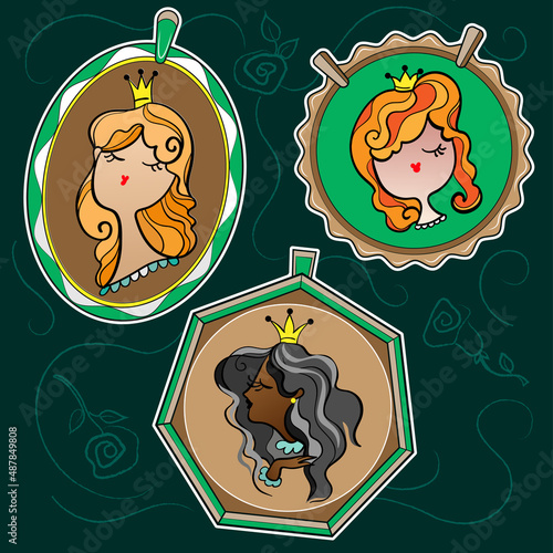 A set of vector fabulous color doodle illustrations of princesses portraits in miniatures, medallions on a beautiful colored background that can be used as separate sets, isolates, coloring pages