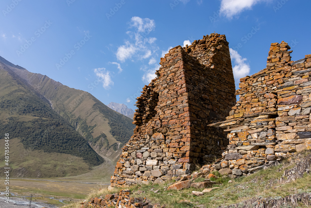 The ruins of the Zakagori fortress in the Truso Valley near the Ketrisi Village Kazbegi District,Mtskheta-Mtianet in the Greater Caucasus Mountains,Georgia.Stone construction. Ossetia.Border to Russia