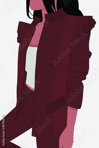 A girl in a burgundy suit of pants, a jacket and a white T-shirt. Vector flat image of a young lady in business style. Design for postcards, avatars, posters, backgrounds, templates, textiles.