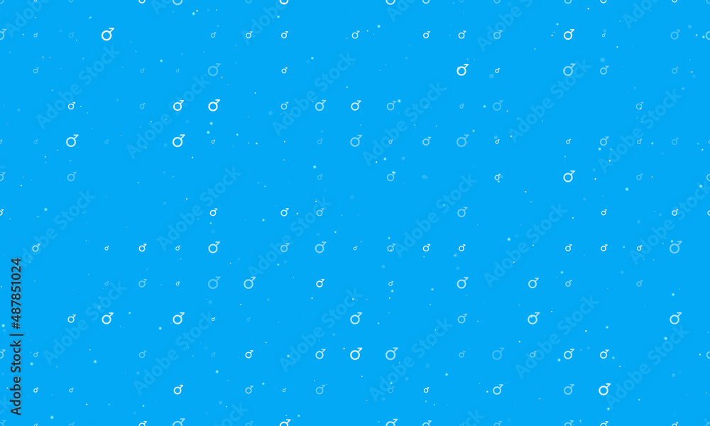 Seamless background pattern of evenly spaced white demiboy symbols of different sizes and opacity. Vector illustration on light blue background with stars Seamless background pattern of evenly spaced white demiboy symbols of different sizes and opacity. Vector illustration on light blue background with stars