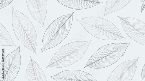 Seamless abstract grey leaves pattern on white background. Hand drawn botanical texture creative design. Simple cute style leaf line drawing. Suit for printing, wallpaper, wrapping paper, textile