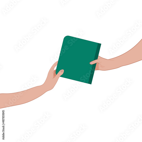 Hands holding  a green book. Book exchange.  Book swap. World Book Day. 