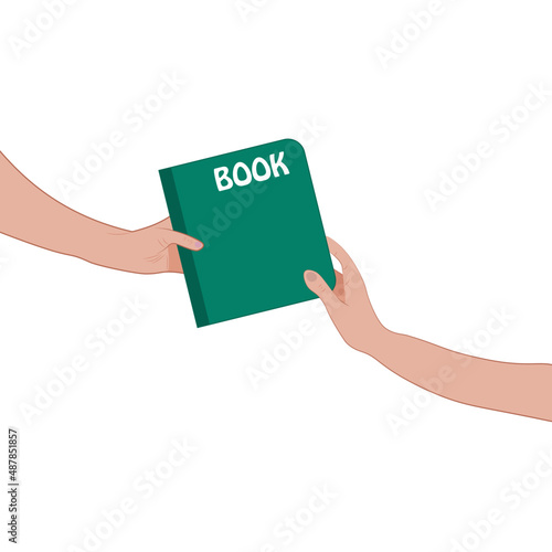 Bookcrossing. Book swap. Gift a book. Hands holding a green book. World Book Day. Vector.