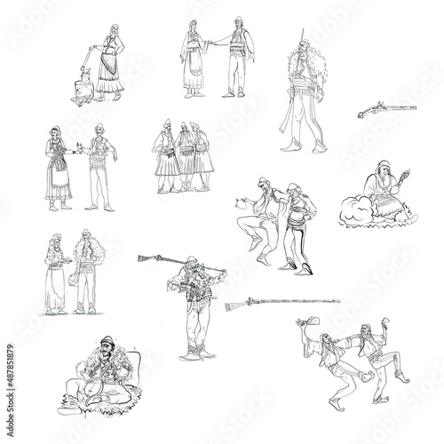 medieval Albanian warrior, dancers, women, men dress texture
