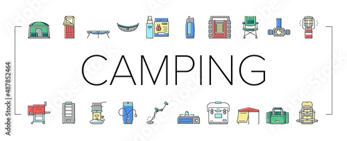Camping Equipment And Accessories Icons Set Vector .