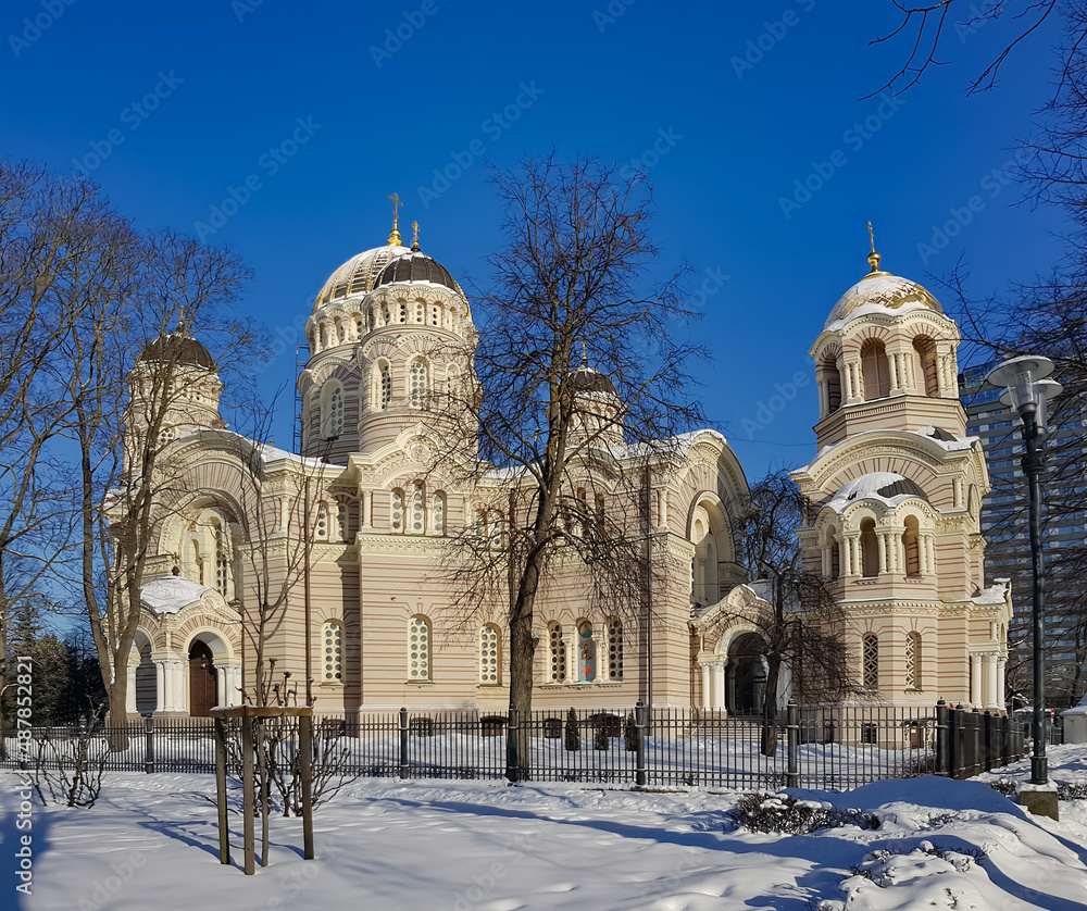 Nativity of Christ Orthodox Cathedral in a sunny winter day that is located in the city center of Riga, Latvia