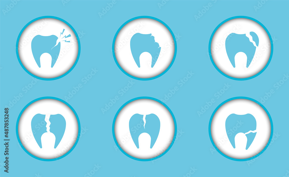 A set of flat dental icons of damaged teeth, round shape. A set of flat dental icons of damaged teeth, round shape.