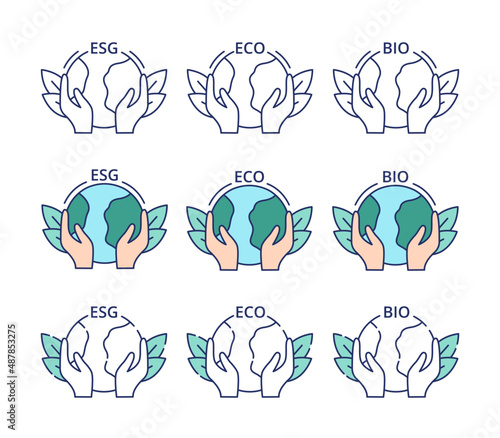 Set of ESG, ECO, BIO icons. Three variants of icons with acronyms. Vector illustration isolated on white background.