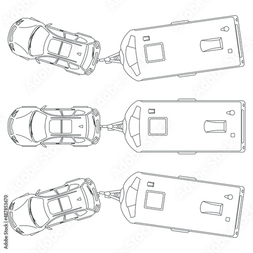 Car and caravan, travel trailer, camper, tourer. A top view of outlined clean design of a car and caravan.