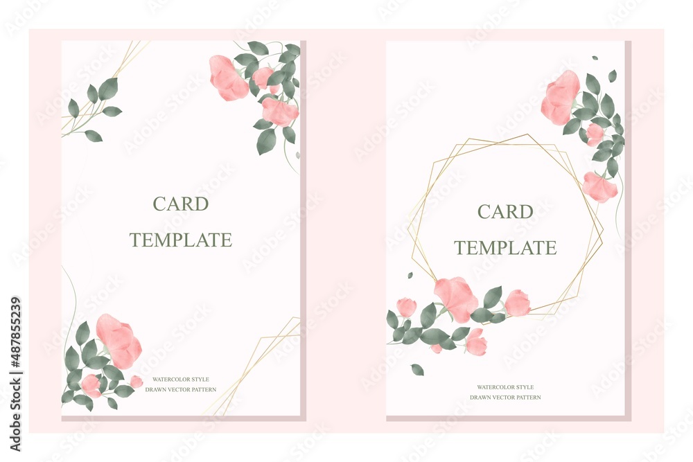A set of postcard templates for invitations to a wedding, party, celebration in delicate watercolor-pink tones. A postcard, a card in a fashionable style on a white background. Vector design