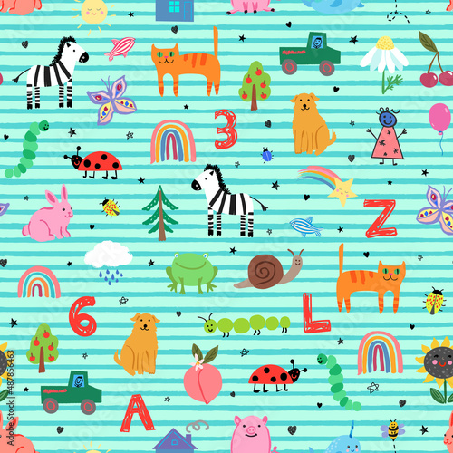 Kids vector repeat pattern with a medley of everyday objects, animals, flowers, bugs and more. Fun modern happy baby print.