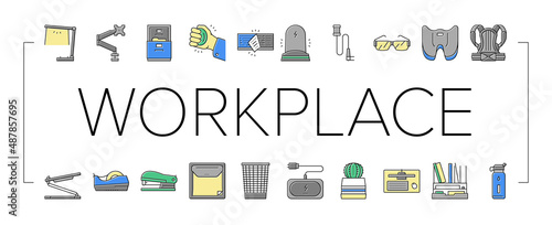 Workplace Accessories And Tools Icons Set Vector .