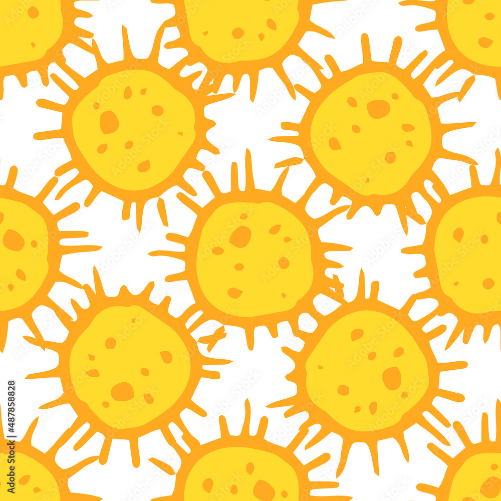Yellow microbe pattern in flat style.A seamless pattern in the style of hand-drawn doodles, a round bacterium of bright yellow color with an orange contour and texture of dots, and a lot of strokes on Yellow microbe pattern in flat style.A seamless pattern in the style of hand-drawn doodles, a round bacterium of bright yellow color with an orange contour and texture of dots, and a lot of strokes on