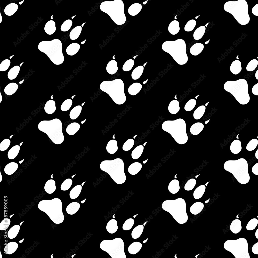 Dog Paw Pattern on black background. Flat design paw print icon vector illustration. Animal paw Dog Paw Pattern on black background. Flat design paw print icon vector illustration. Animal paw