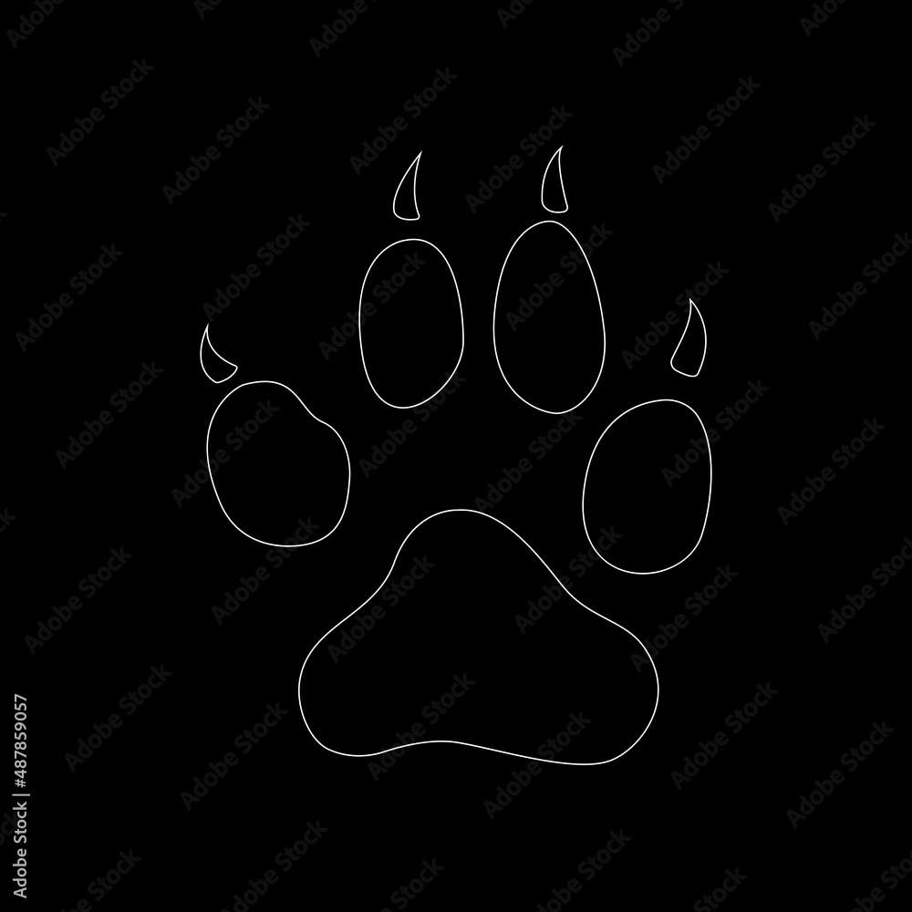 Dog paw print. Vector illustration. Flat design paw with claws on black