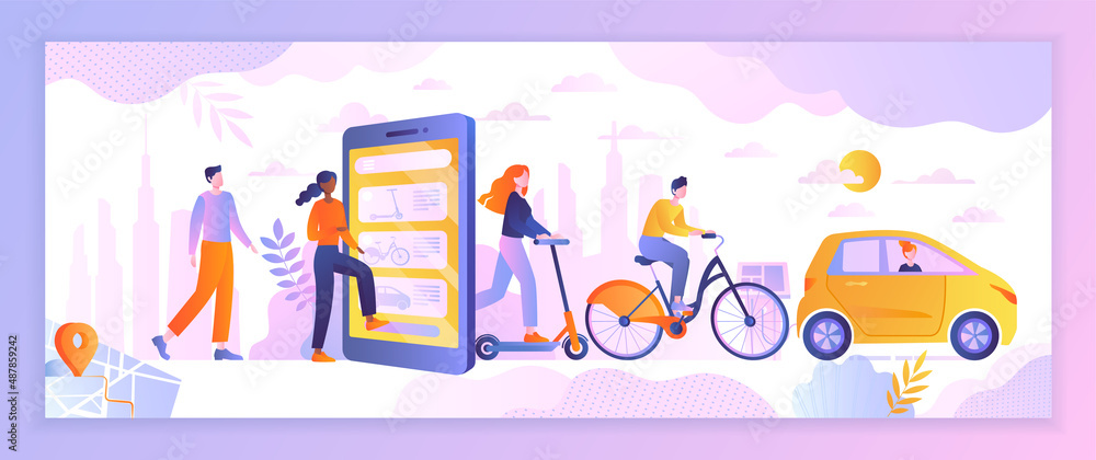 Concept of rental service. People go to smartphone screen and go out on transport. Modern technology, application for comfort. Order bicycle ride or car, rent. Cartoon flat vector illustration
