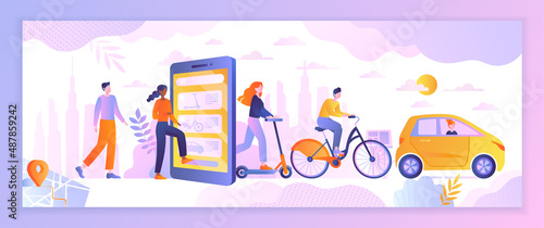 Concept of rental service. People go to smartphone screen and go out on transport. Modern technology, application for comfort. Order bicycle ride or car, rent. Cartoon flat vector illustration