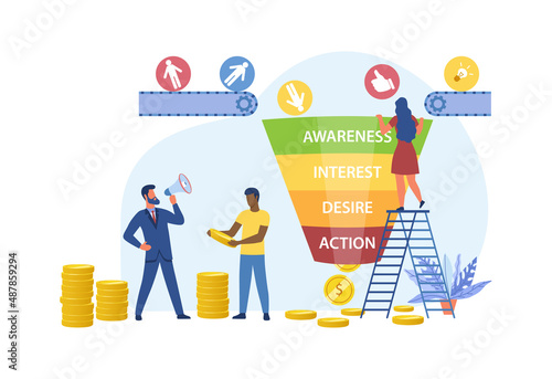 People with sales funnel. Modern methods of analysis. Sequence of actions to attract customers. Marketing techniques, advertising banner. Businessman and employees. Volumetric vector illustration
