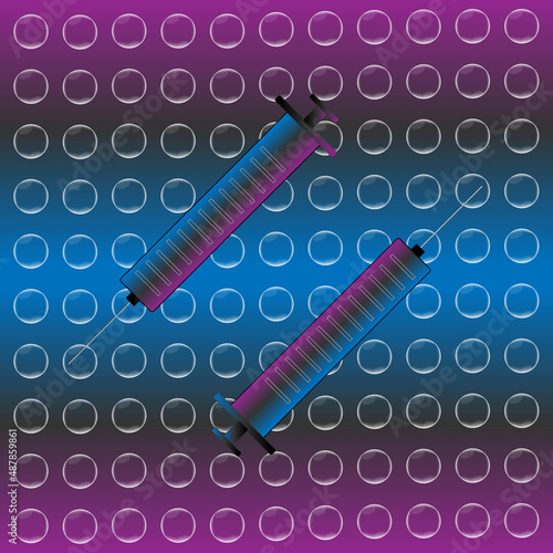 Hypodermic needle or medical syringe illustration with blue and maroon background and bubbles.