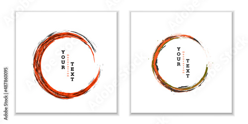 Zen ink circle emblem. Set. Paint strokes. Multi-colored strokes. Design template for the design of banners, posters, booklets, covers, magazines. EPS 10