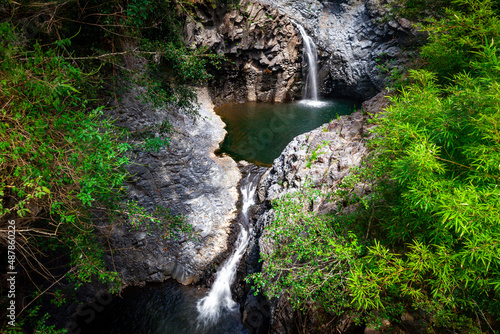 Double waterfall along the Pipiwai trail in Haleakala National Park, Maui, Hawaii photo