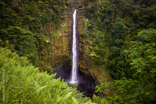 Giant waterfall at Akaka Falls State Park in a rain forest in Hawaii.