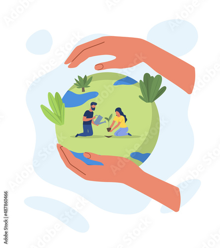 Hands hold Earth. Man and girl planting tree. Caring for environment, eco activists, responsible residents, oxygen production. Poster, banner, card and postcard. Cartoon flat vector illustration © Rudzhan