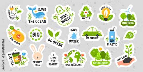 Collection of ecology stickers with slogans - zero waste, recycle, eco friendly, go green, save water, cruelty free, bio, save the ocean, no plastic. Modern isolated vector badges for web and print.
