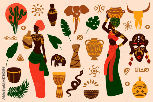 African woman and traditional ethnic vector elements collection