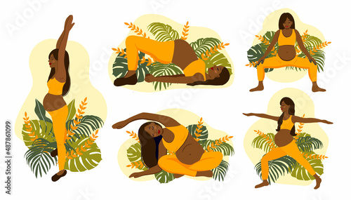 African woman and nature elements. yoga pregnant women concept. Relax, meditation for the expectant mother. vector illustration