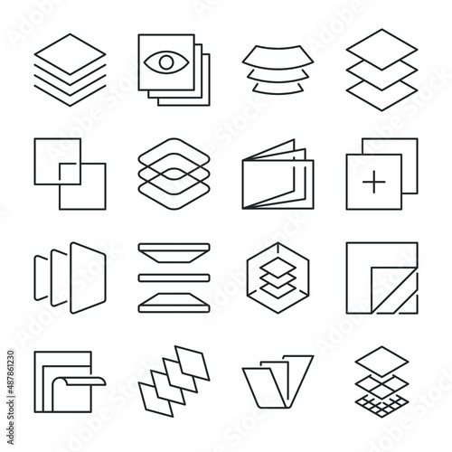 Layer icons set. Layers on top of each other, combination, flipping. Line with editable stroke